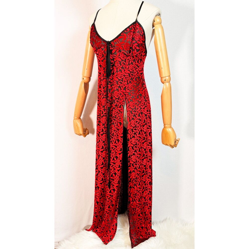 Vintage | Shirley of Hollywood | Red and Black Burnout Slip Dress | Sz M